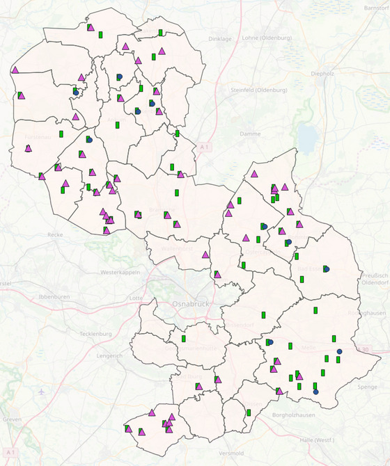 Bild zeigt Umriss des Landkreises Osnabrück mit verorteten Biogasanlagen