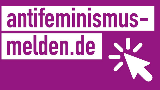 Das Bild zeigt das Logo der MEldestelle Antifeminismus, lilafarbener Hintergrund und die weiße Aufschrift: antifeminismus-melden.de