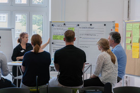3 Frauen und 2 Männer arbeiten in einer Workshopgruppe am Whiteboard.