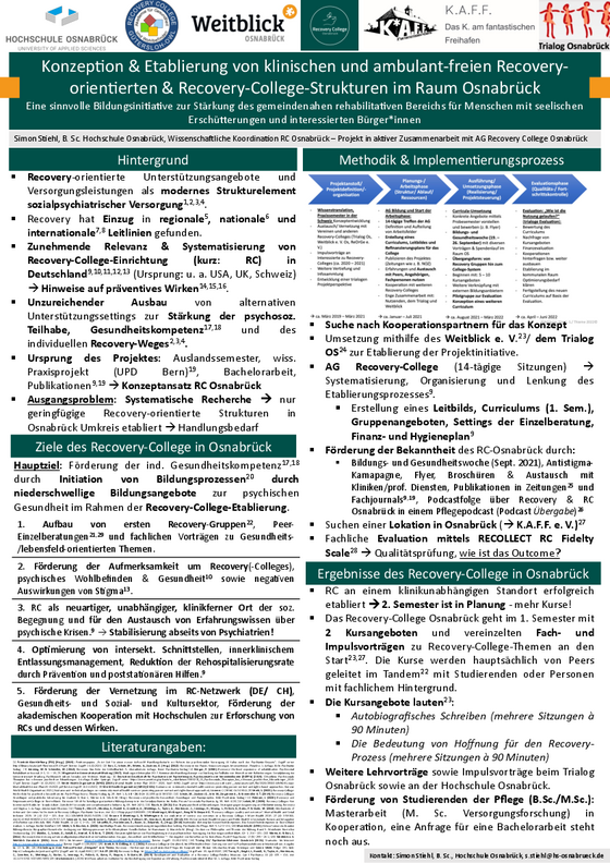 Konzeption & Etablierung von klinischen und ambulant-freien Recoveryorientierten & Recovery-College-Strukturen im Raum Osnabrück (Simon Stiehl, 2022)