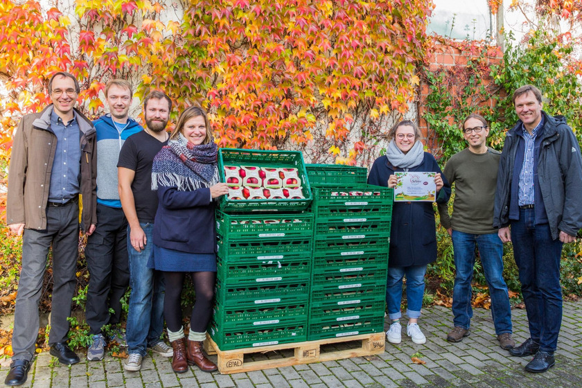 Das Bild zeigt mehrere Personen, die um Kisten mit Äpfeln stehen.