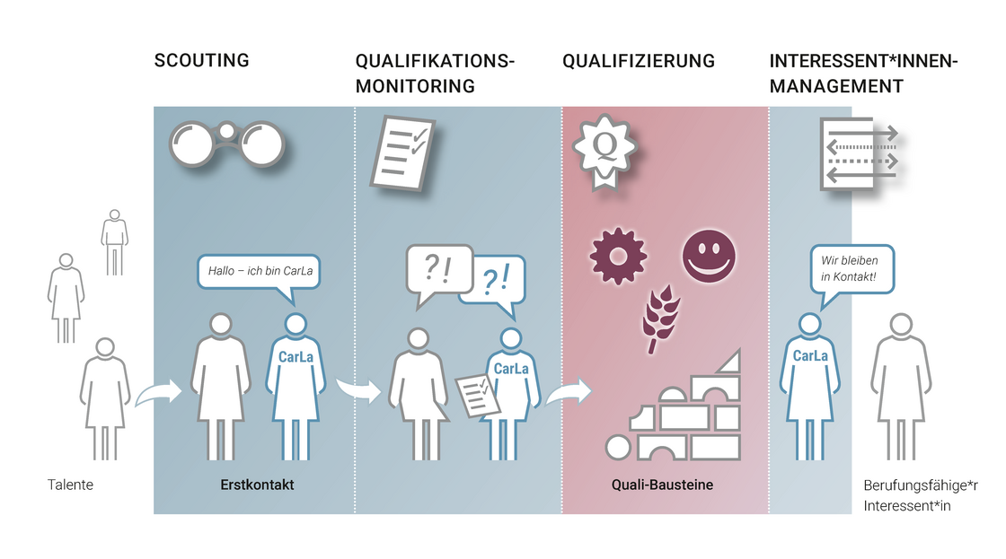 Die Grafik ist ein mehrfarbiges Diagramm, das aus vier Säulen besteht, die von links nach rechts die Überschriften Scouting, Qualifikationsmonitoring, Qualifizierung und Interessent*innenmanagement haben. Die Säulen sind blau, mit Ausnahme der Qualifizierung (dritte Säule), welche rot ist. Unter den Titeln befinden sich Piktogramme, ein Fernglas zu Scouting, eine Checkliste mit zwei abgehakten Punkten bei Qualifikationsmonitoring, ein Siegel mit dem Buchstaben Q bei Qualifizierung, und ein Rechteck mit vier Pfeilen, die abwechselnd nach links und rechts zeigen und unterschiedliche Linienarten aufweisen.  Links außerhalb der eingefärbten Fläche und somit neben der ersten Säule sind drei Personen in verschiedenen Größen dargestellt, sodass sie unterschiedlich entfernt scheinen. Darunter steht der Begriff „Talente“. Von der vordersten Person aus zeigt ein Pfeil in die erste Säule, Scouting, auf zwei Personen darin. Eine Person ist farblich abgehoben, auf ihrer Kleidung steht CarLa, und es geht eine Sprechblase von ihr aus, in der steht „Hallo, ich bin CarLa.“ Darunter steht „Erstkontakt.“ Ein Pfeil weist von diesen zwei Personen auf zwei sitzende Personen im zweiten Balken, Qualifikationsmonitoring. Wieder steht bei einer farblich abgesetzten Person CarLa auf dem Oberkörper, sie hält nun eine Checkliste.  Von beiden Personen gehen Sprechblasen aus, in denen je ein Fragezeichen und ein Ausrufezeichen abgebildet ist.  Von dieser Darstellung weist ein Pfeil in den nächsten Balken, Qualifizierung. Dort ist über dem Text „Quali-Bausteine“ ein Piktogramm einer schrägen Mauer aus Bauklötzen. Darüber befinden sich drei Symbole: ein Zahnrad, ein Smiley Gesicht, und eine Ähre.  Im letzten Balken, Interessent*innenmanagement, ist wieder die farblich hervorgehobene CarLa-Person zu sehen, von ihr geht eine Sprechblase aus mit dem Text: „Wir bleiben in Kontakt!“ Die andere Person ist nun rechts neben und damit außerhalb der eingefärbten Fläche und untertitelt als „Berufungsfähige*r Interessent*in.“