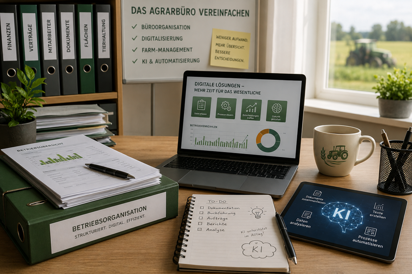 Bürotisch mit Laptop und Ordnern