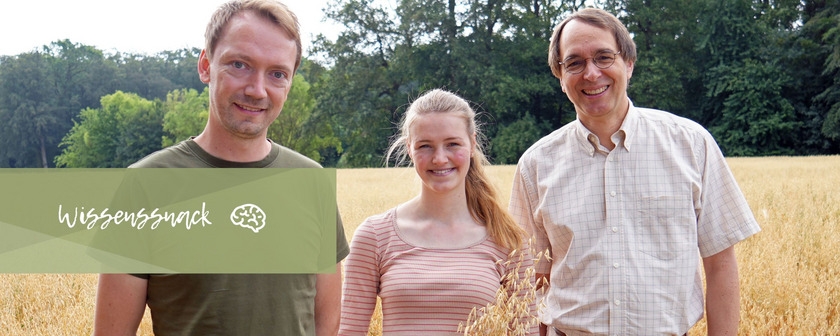 Zwei Männer und eine Frau stehen vor einem Feld, auf dem Hafer wächst und lächeln in die Kamera
