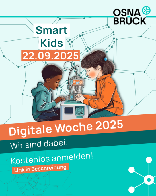 Flyer des Thementags Smart Kids. Ein gezeichneter Junge und Mädchen sitzen neben einem 3D-Drucker.