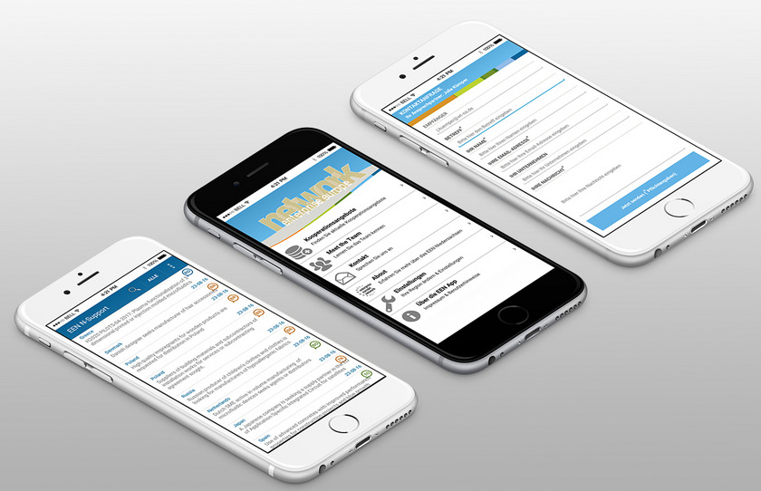 Drei nebeneinander liegende Smartphones, auf denen die "Enterprise Europe Network N-Support App" aufgerufen ist.