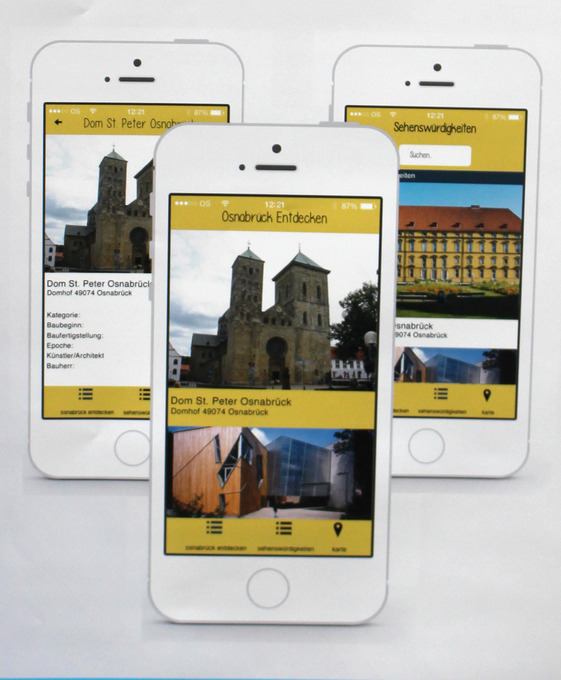 Das Bild zeigt drei Smartphones, auf deren Displays Foto von Osnabrück zu sehen sind.