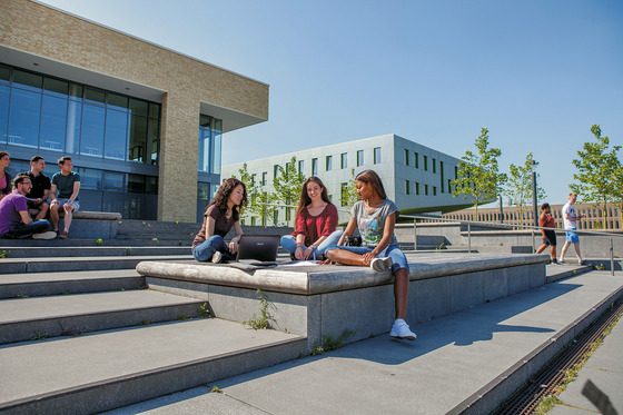 Drei junge Frauen sitzen auf einer großen Betonstufe im Außenbereich des Campus Westerberg. Sie sind in ein Gespräch vertieft und haben einen aufgeklappten Laptop vor sich. Die Studentinnen tragen Freizeitkleidung und wirken entspannt. Im Hintergrund sind weitere Studierende zu sehen, einige sitzen auf Stufen, andere laufen herum. Die Architektur des Campus ist modern, mit einem großen Gebäude aus Ziegelstein und einem weiteren Gebäude mit Metallfassade. Der Himmel ist blau und es wachsen junge Bäume entlang der Gehwege, was der Szene eine freundliche und offene Atmosphäre verleiht.