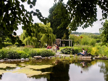 Lernen im grünen Freiraumlabor - Studierende am Teich des Staudengartens