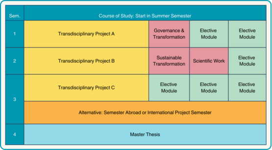 Table depicting the course of study beginning in summer semester including the relative sizes and titles of the required modules
