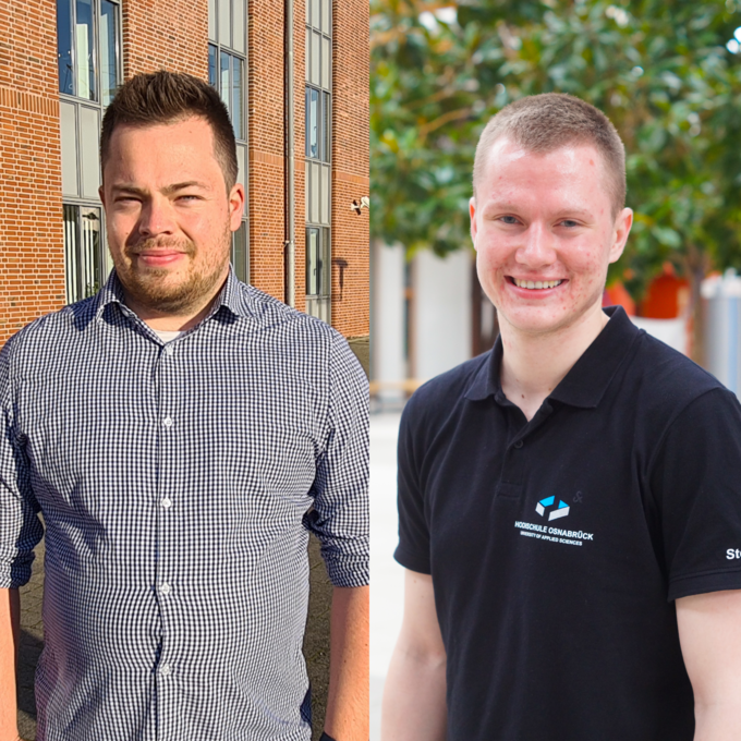 Porträts von Jannik Klare und Steffen Loske, Klare steht vor der Hochschule und Loske in der Halle. 