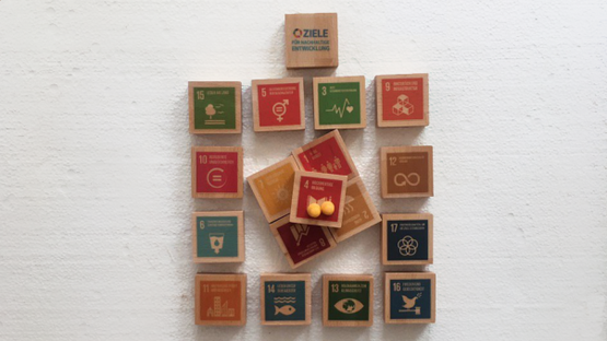 Bild zeigt 18 Bauklötze beklebt mit den Piktogrammen der nachhaltigen Entwicklungsziele (SDGs) sowie gelbe Spielfiguren.