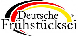 Schrift Deutsche Frühstücksei mit Bögen in schwarz, rot, gelb