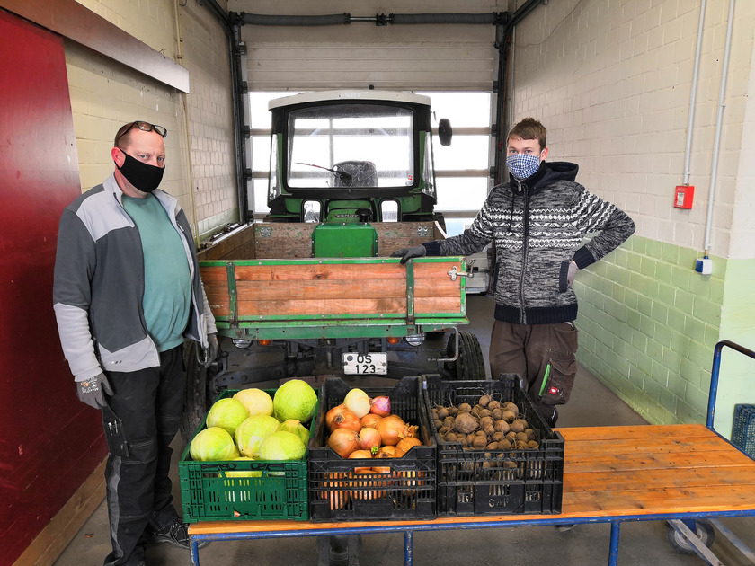 Zwei Männer packen Kisten mit Gemüse für die Osnabrücker Tafel