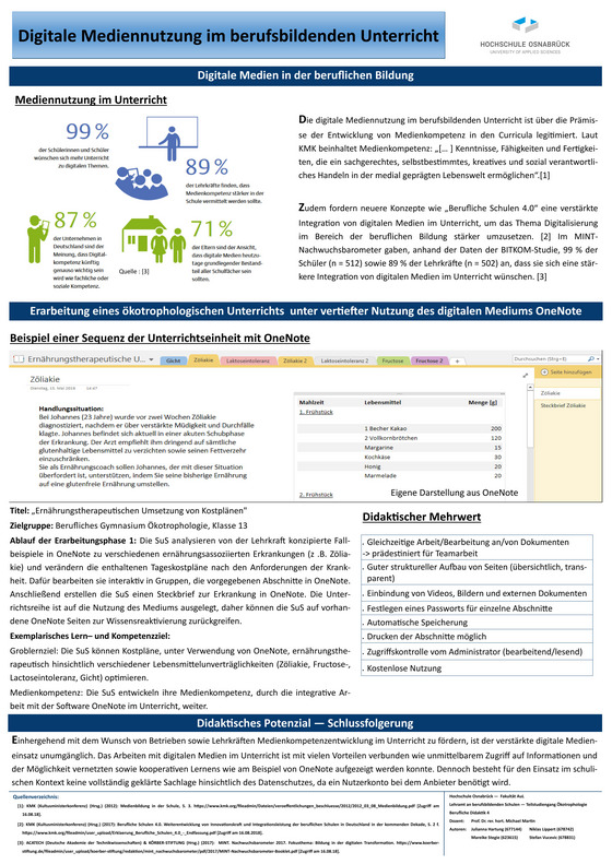 Poster von Studierenden zu Nutzung digitale Medien im berufsbildenden Unterricht: Erarbeitung eines ökotrophologischen Unterrichts unter vertiefter Nutzung des digitalen Mediums OneNote