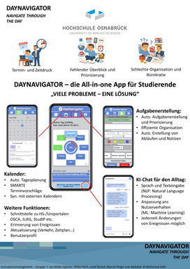 Poster der Gruppe 7 (Abdullah Al Mohamed Salih, Niklas Koch, Marcel Pingel, Josef Ruholl, Jan-Malte Splinter): Daynavigator – Navigate through your day
