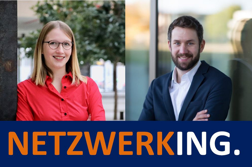 Myriam Erath (links) und Stephan Feldker (rechts) gucken lächelnd in die Kamera. Unten steht in Großbuchstaben NETZWERKING.