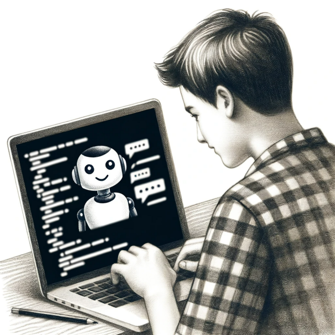 Student, der einen Chatbot programmiert. Student, der einen Chatbot programmiert.